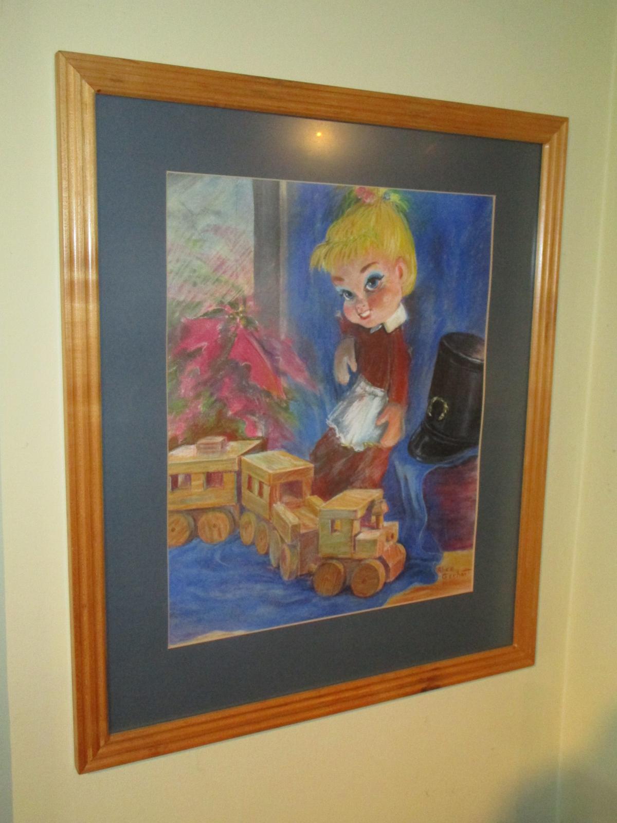 Framed Crayon Art for Childs Room - Toy Scene signed Alice Gerhart