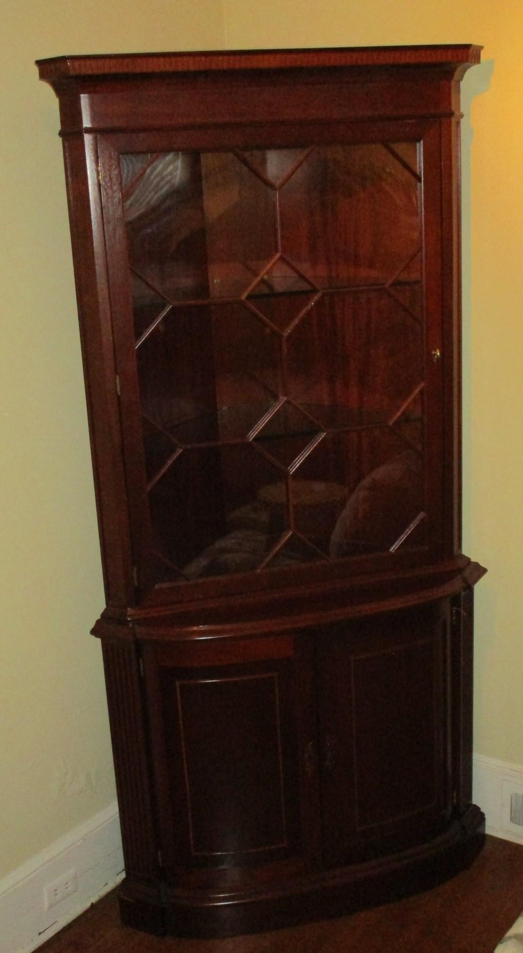 Mahogany Corner Cabinet w/ Glass Shelves & Fret Work on Glass Paned Door