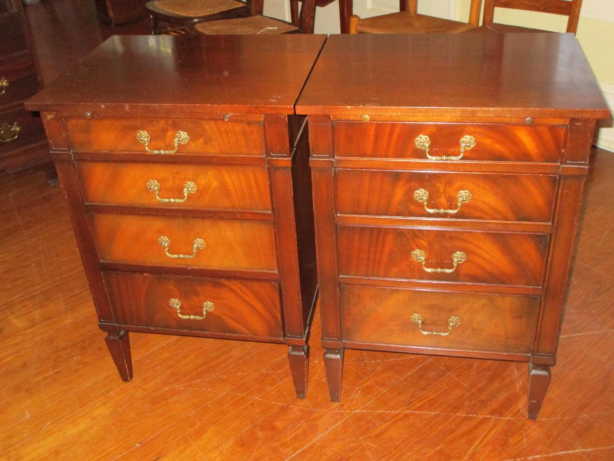 Pair Mahogany Night Stands - 4 Drawers w/ Traditional Pulls