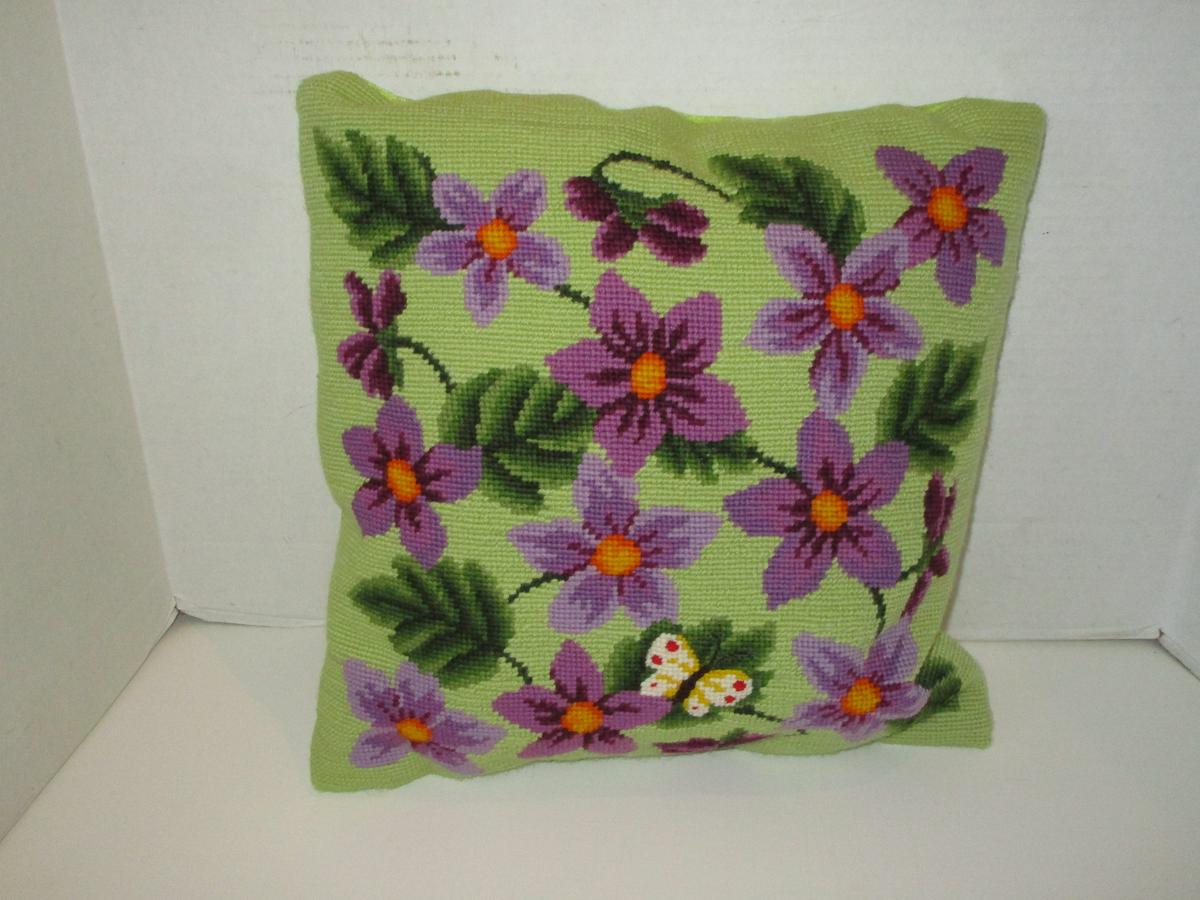 Needlepoint Floral Design Accent Pillow - 14" Square