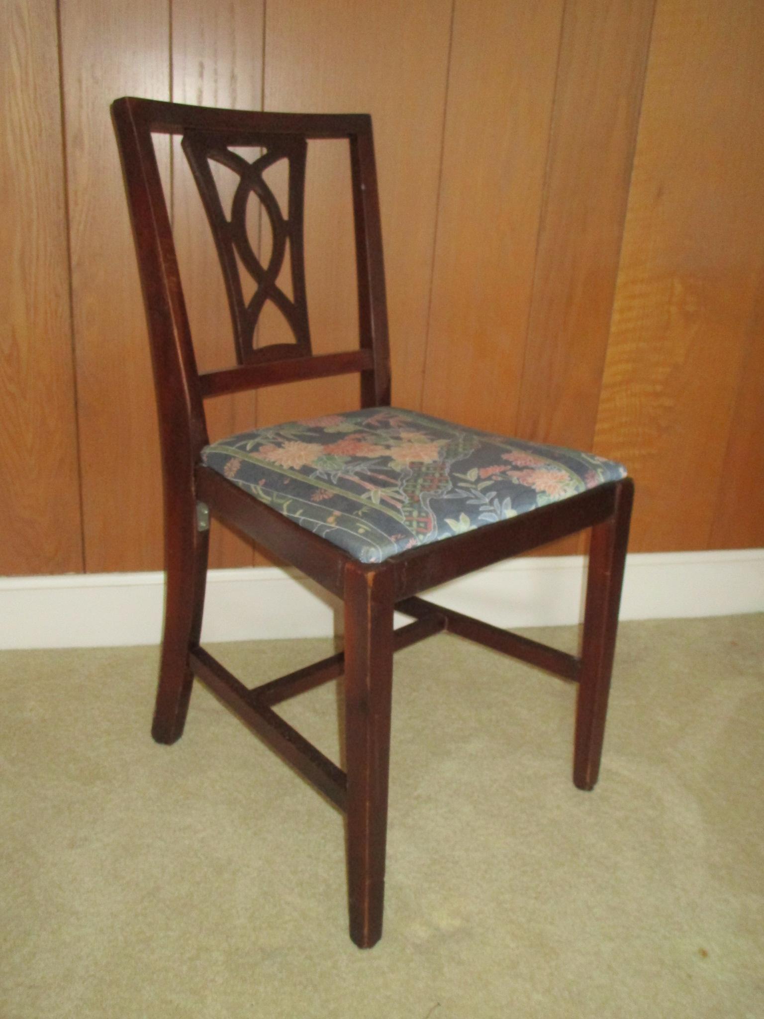 Mahogany Pierced Slat Back Side Chair w/Floral Upholstered Seat.