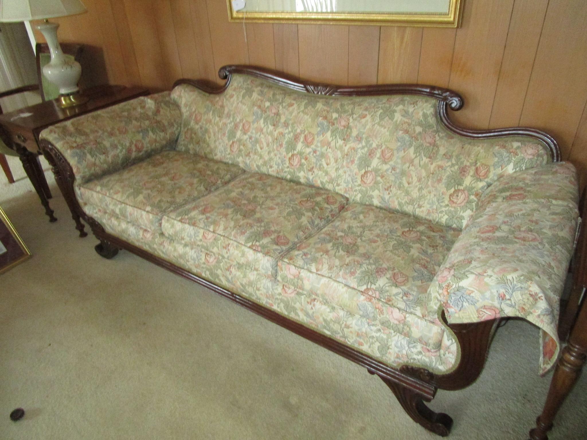 Victorian Style Sofa w/Mahogany Carved Trim & Floral Upholstery