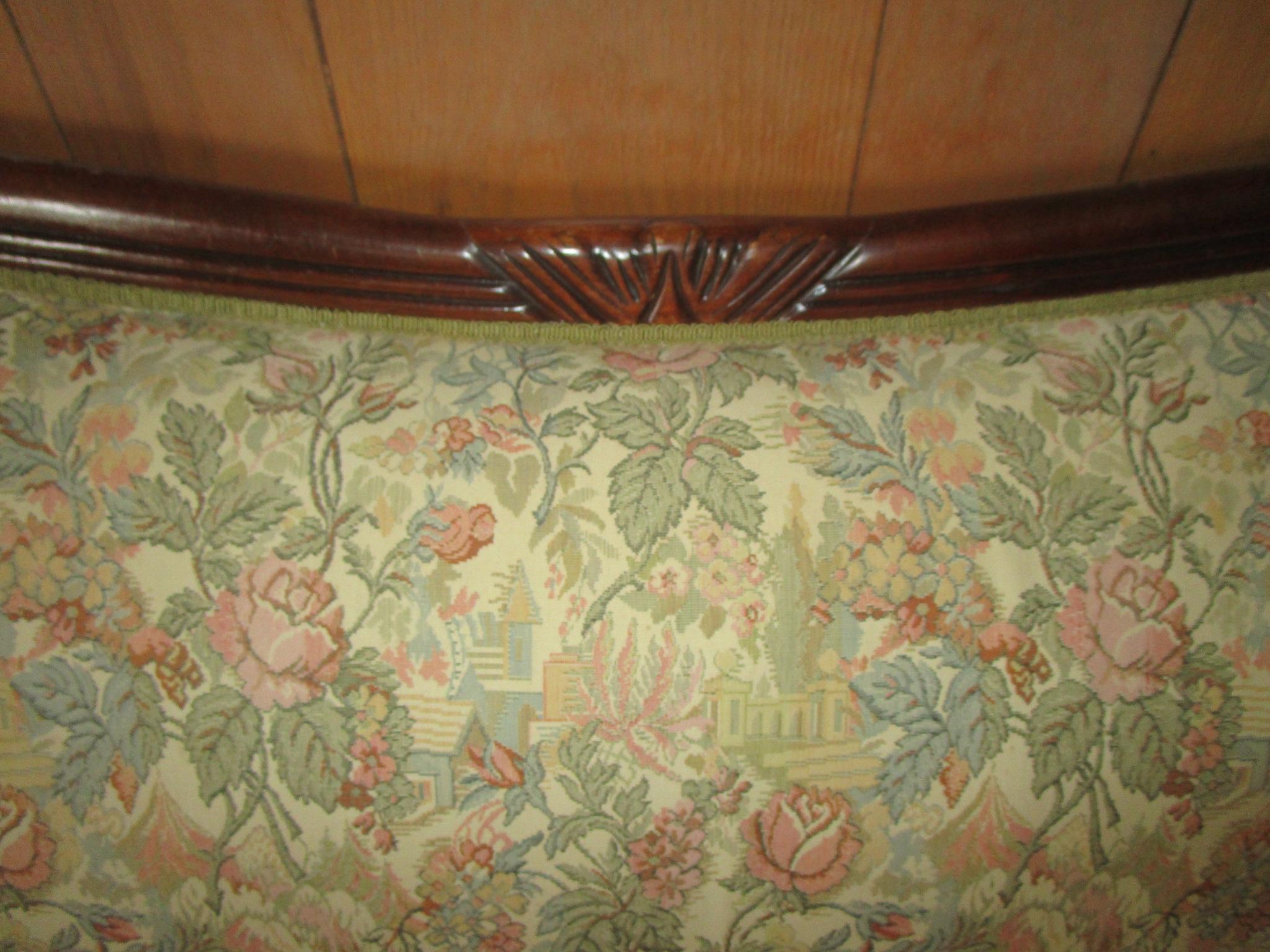 Victorian Style Sofa w/Mahogany Carved Trim & Floral Upholstery