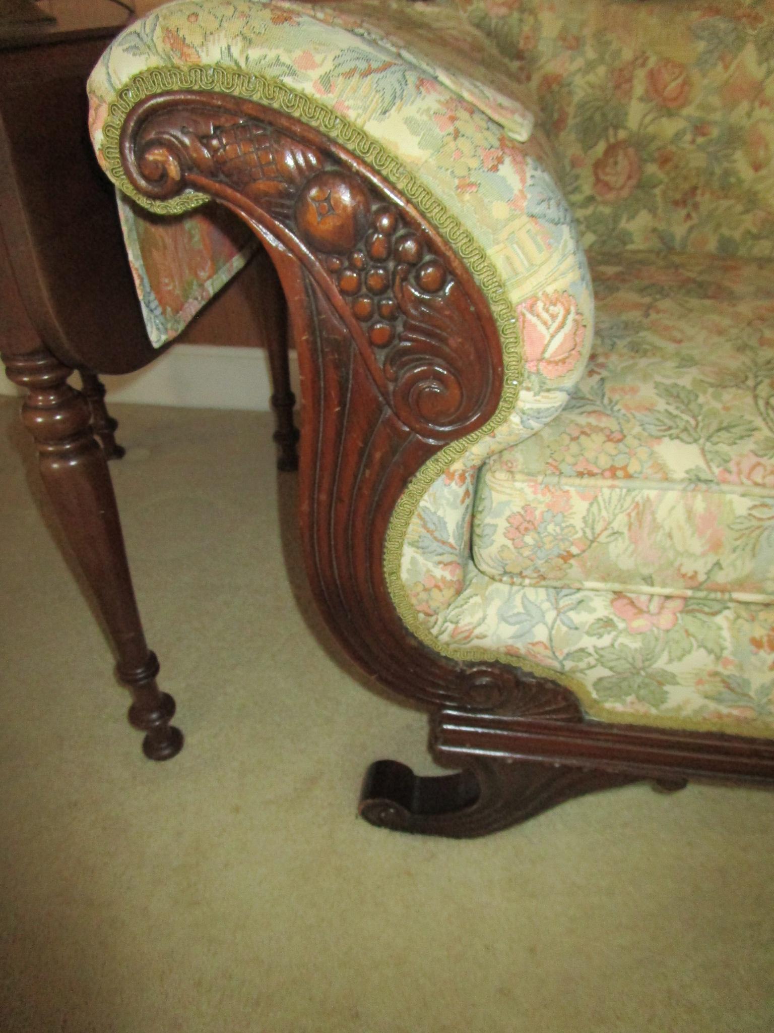 Victorian Style Sofa w/Mahogany Carved Trim & Floral Upholstery