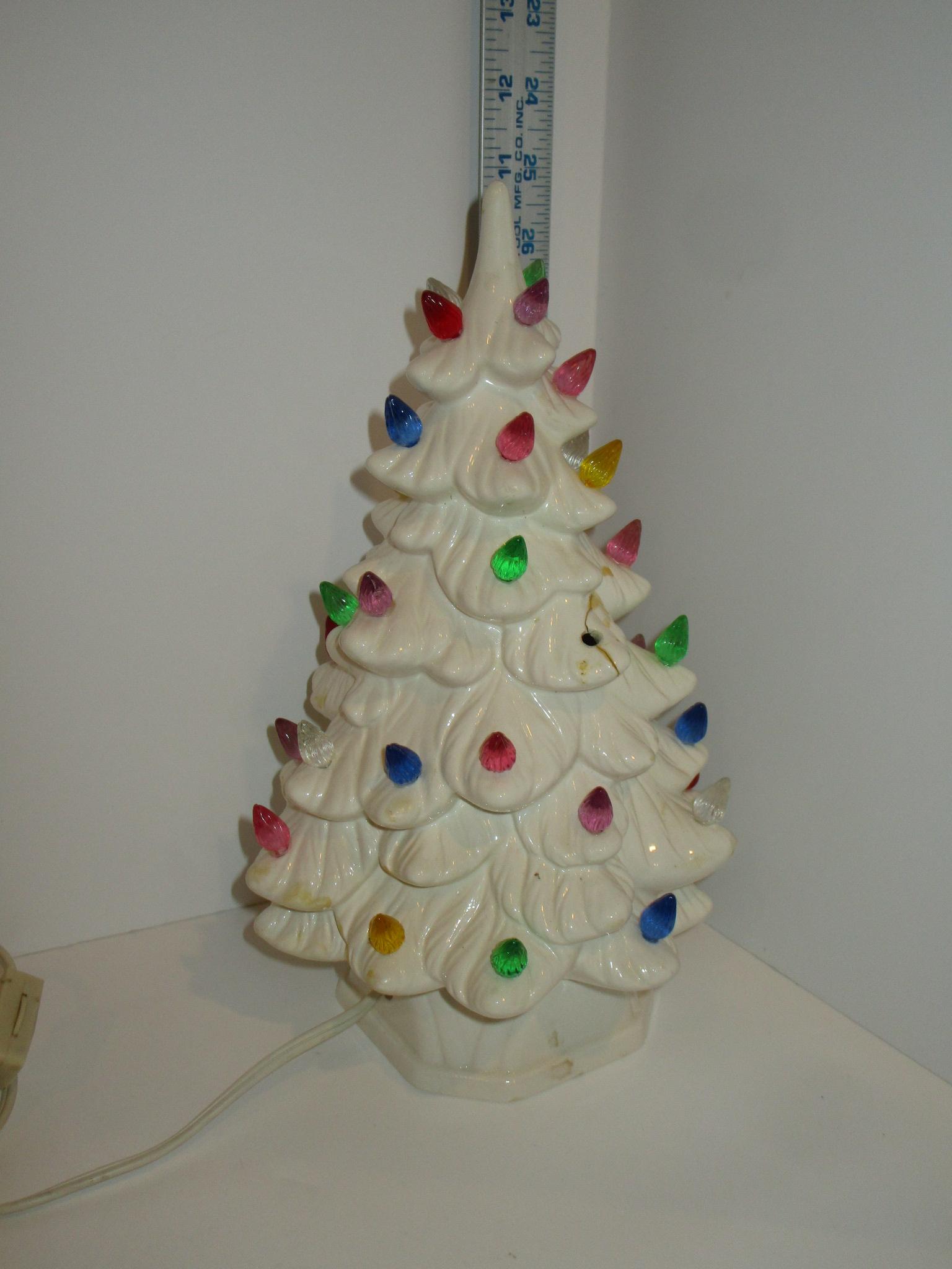 White Ceramic Christmas Tree 13"  Missing few bulbs, repaired