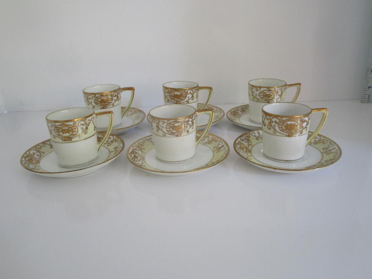 Lot 6 Hand-painted Nippon Demitasse Cups & Saucers w/Gilt Accent