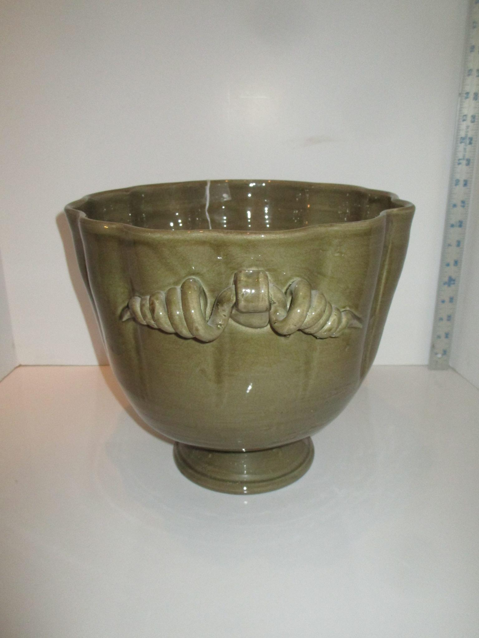 Olive Ceramic Cache Pot w/ Applied Curled Vine Motif Handles - 12" Tall