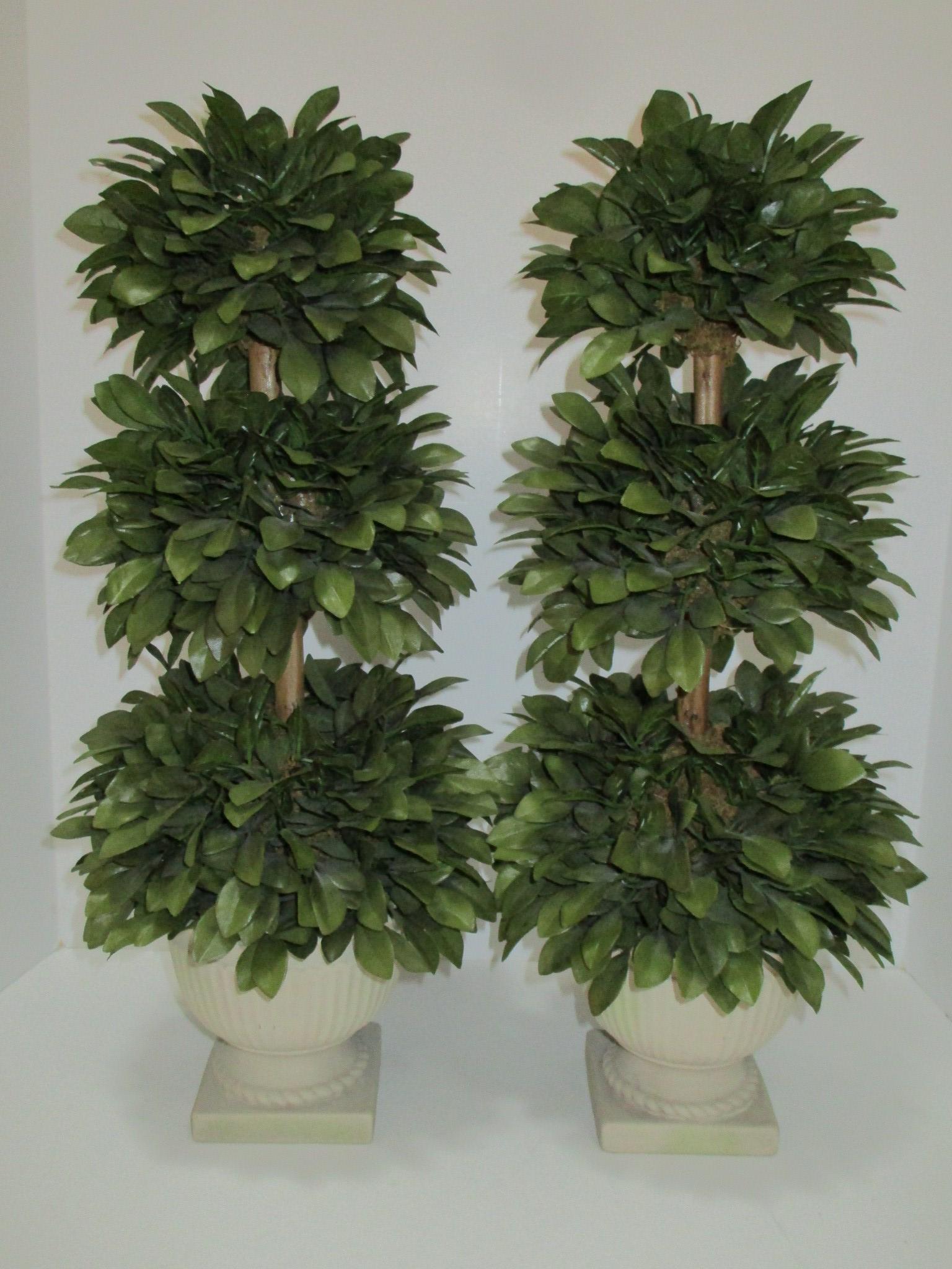Pair Faux Silk Topiaries in Resin Planters - 21" Tall - accent pieces