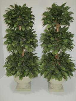 Pair Faux Silk Topiaries in Resin Planters - 21" Tall - accent pieces