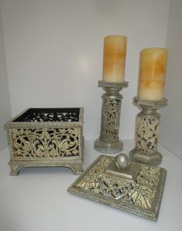 Lot - Decorative Resin Accessories - Large Box w/ Lid 8.5" sq. X 10" high & Pair Candlesticks 8.5" T