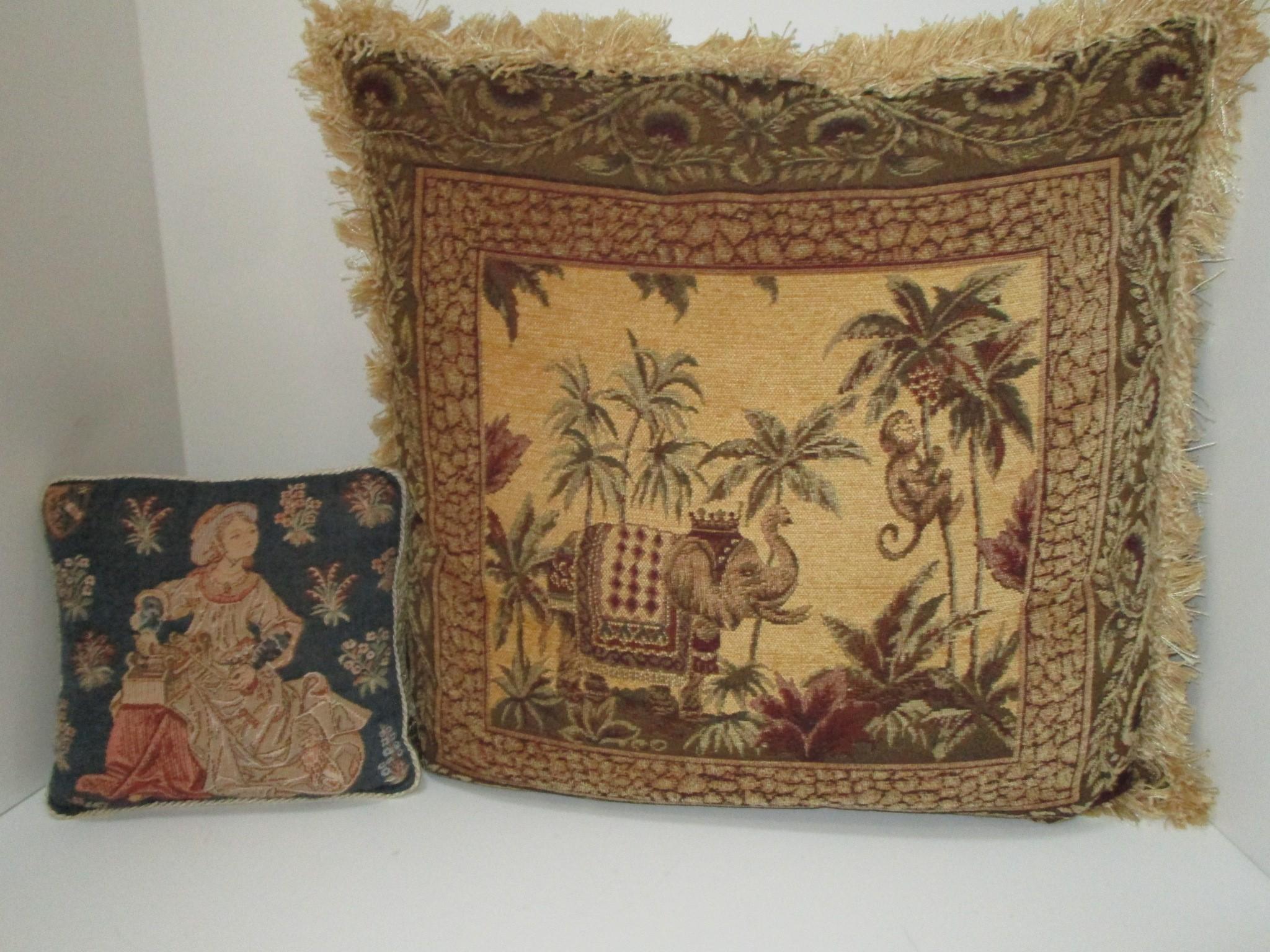 Lot - 2 Pillows - 8" X 6.5" Victorian Scene Tapestry & 19" Sq. Elephant & Monkey Print Tapestry