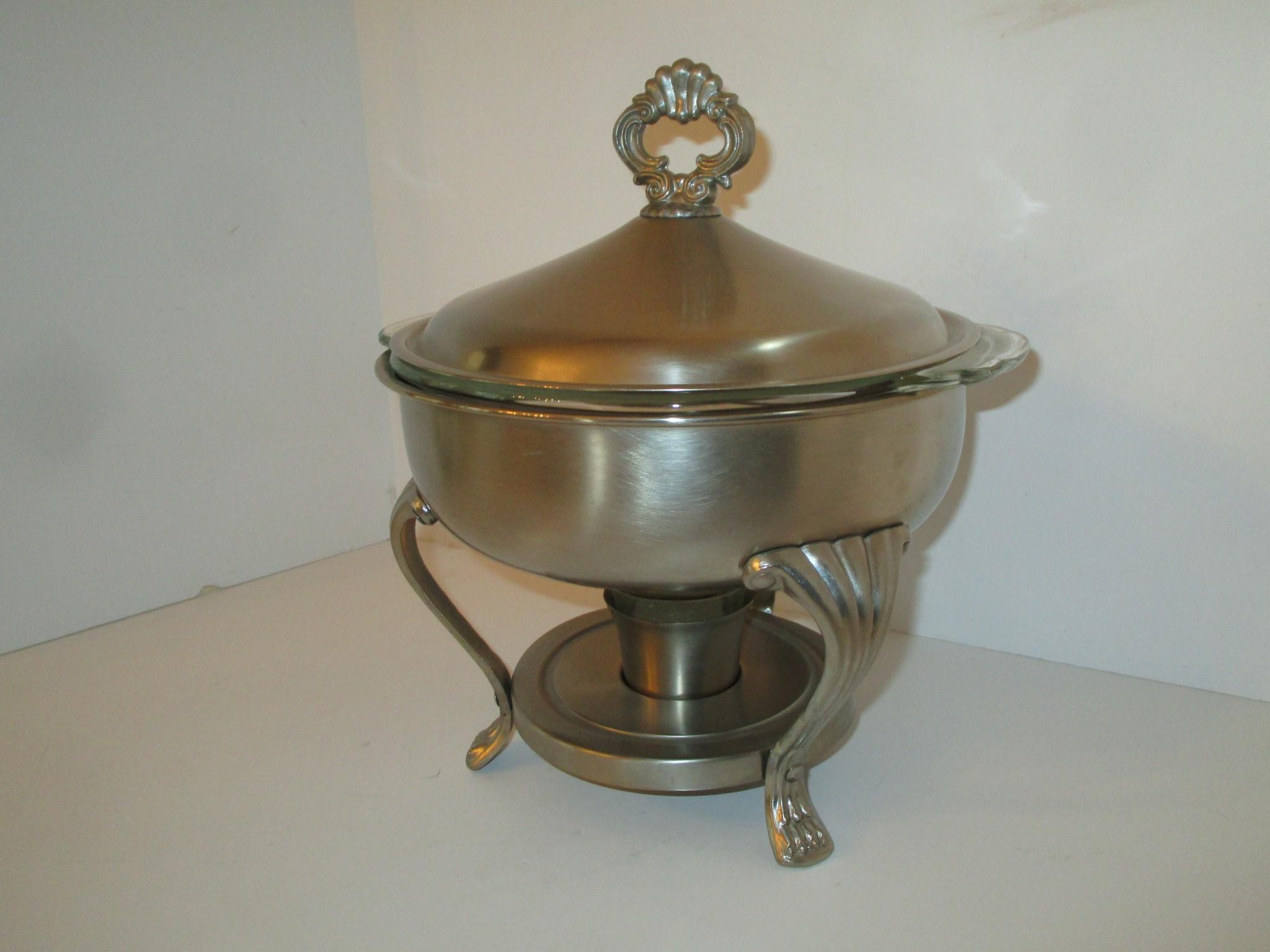 Wm Rodgers Brushed Pewter Chafing Dish w/ Lid & Warmer & Pyrex Dish Insert - 11" T X 10.5" R