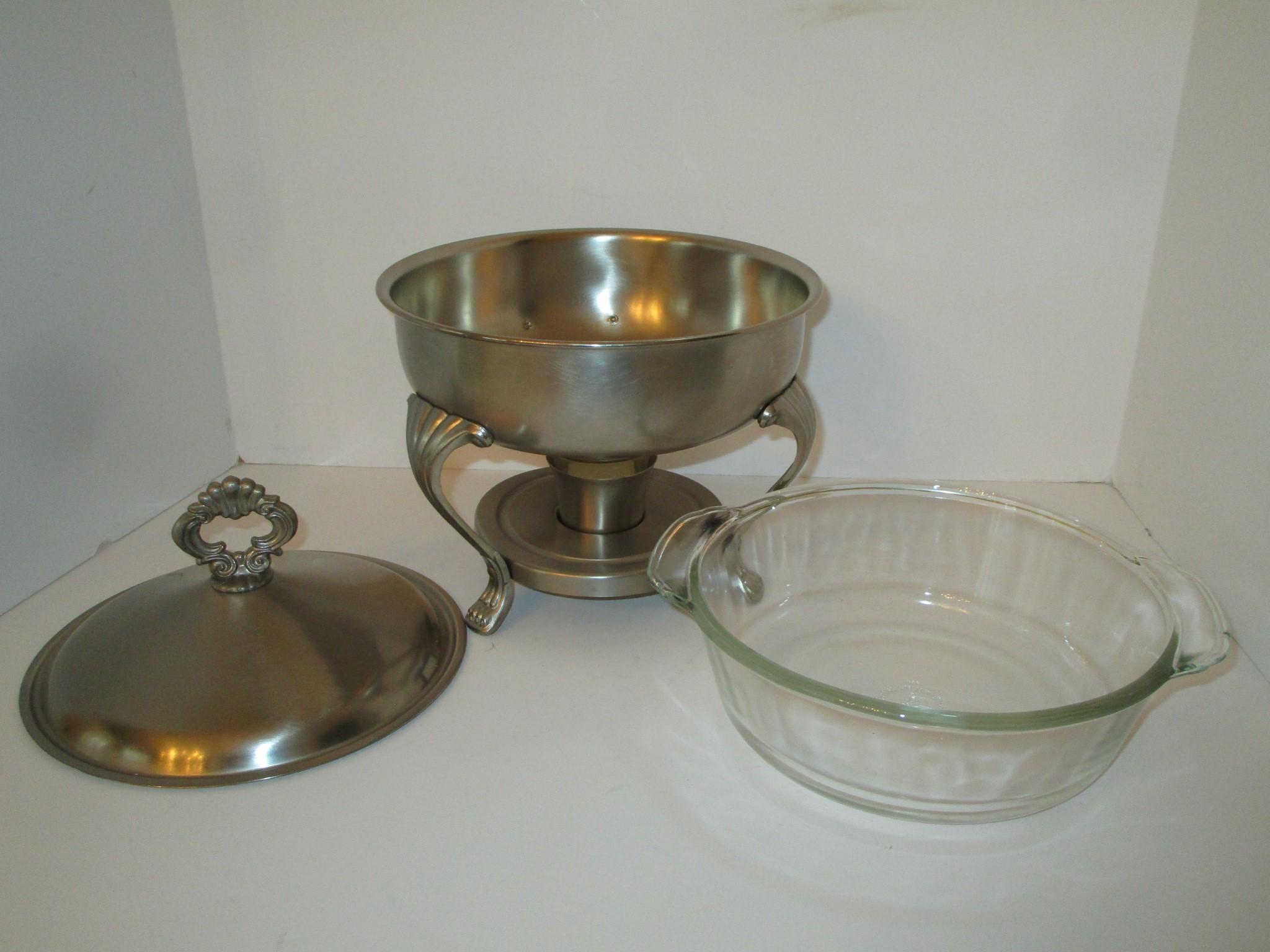 Wm Rodgers Brushed Pewter Chafing Dish w/ Lid & Warmer & Pyrex Dish Insert - 11" T X 10.5" R