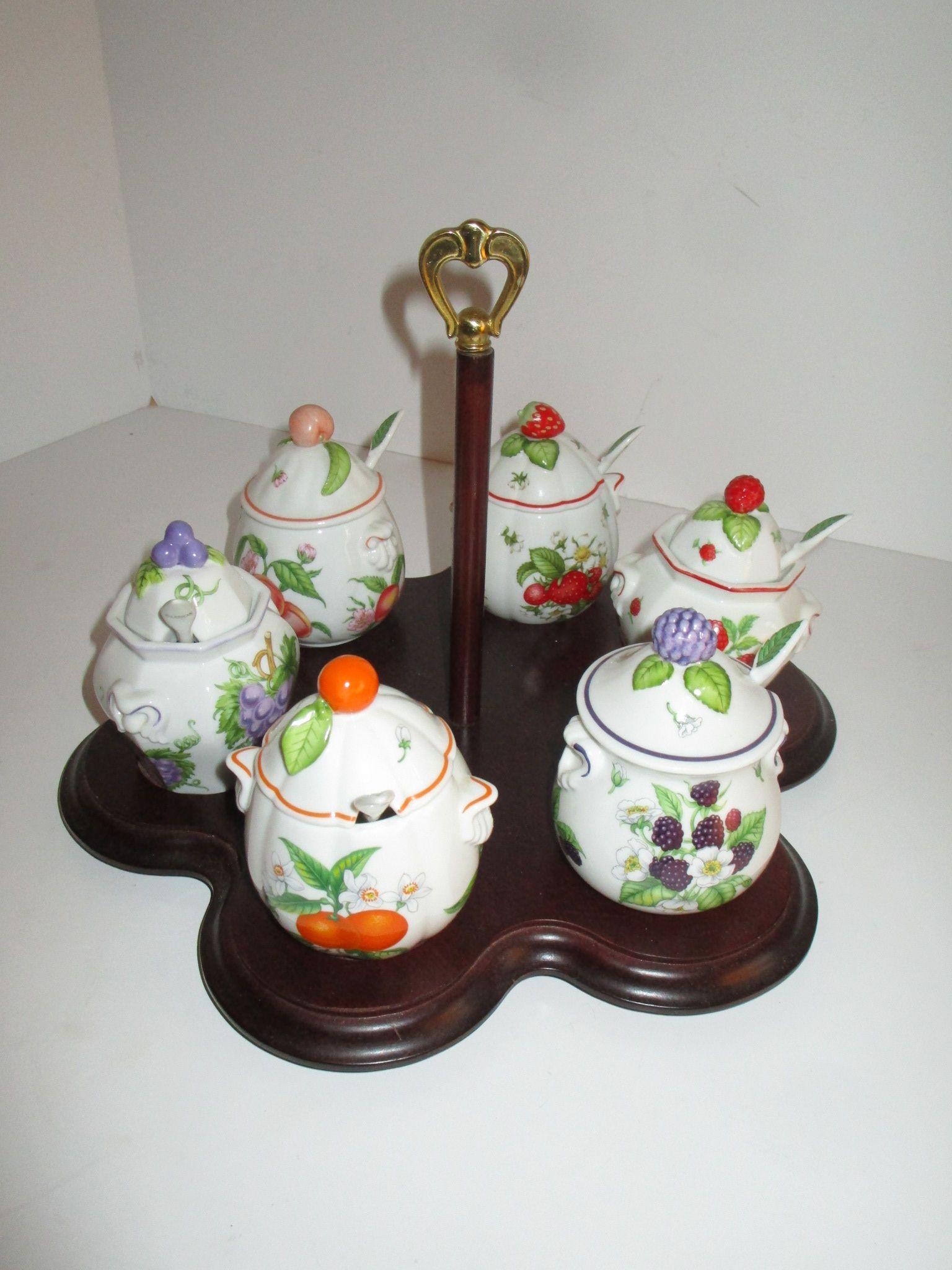 7 Piece Lenox Fine Porcelain Jam Set [all with porcelain spoons]on Wooden Stand - Sweet!