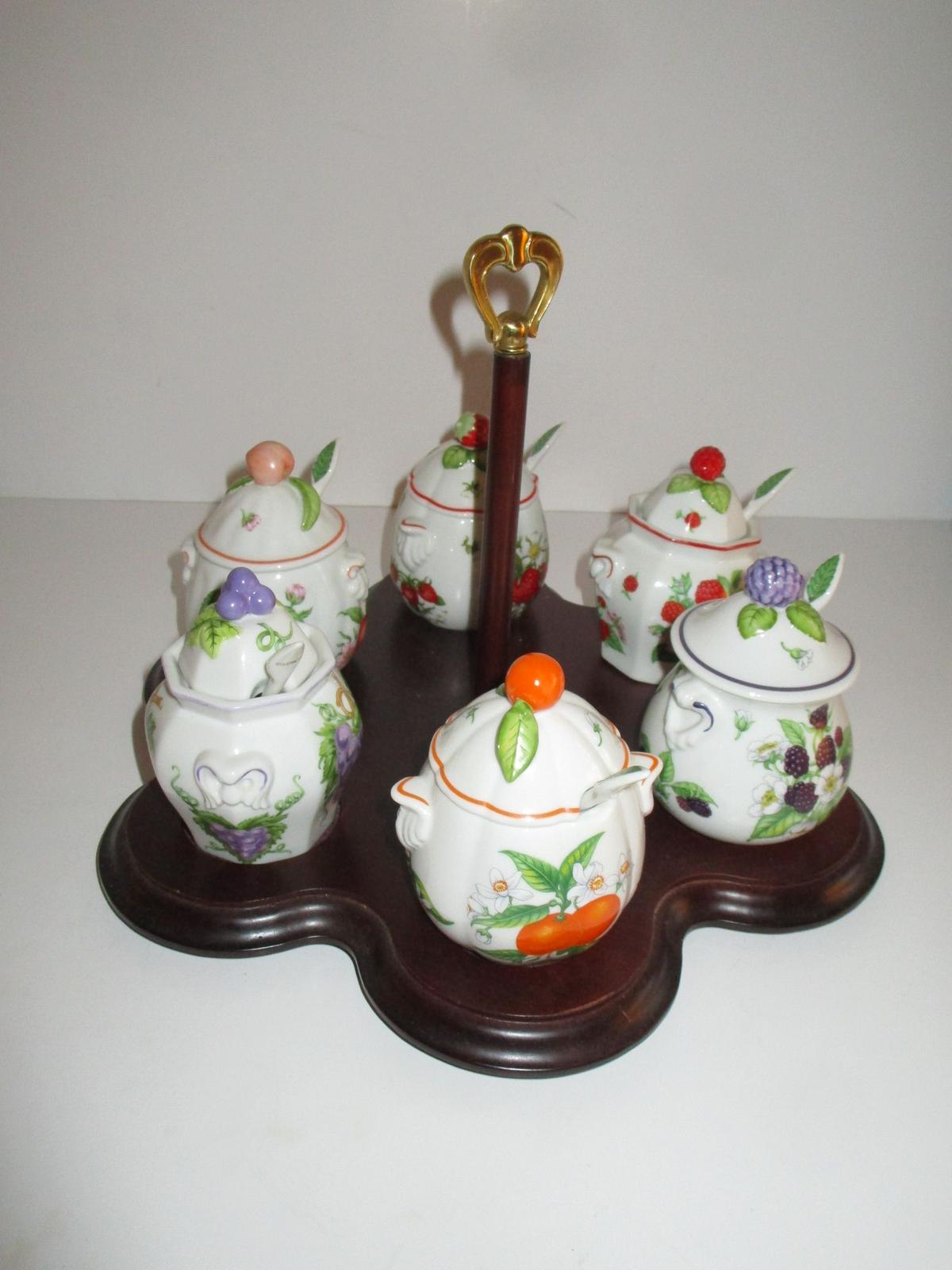 7 Piece Lenox Fine Porcelain Jam Set [all with porcelain spoons]on Wooden Stand - Sweet!