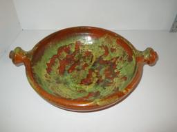 Vintage Red Ware Southwestern Painted Bowl w/ Knob Handles - 10.5"