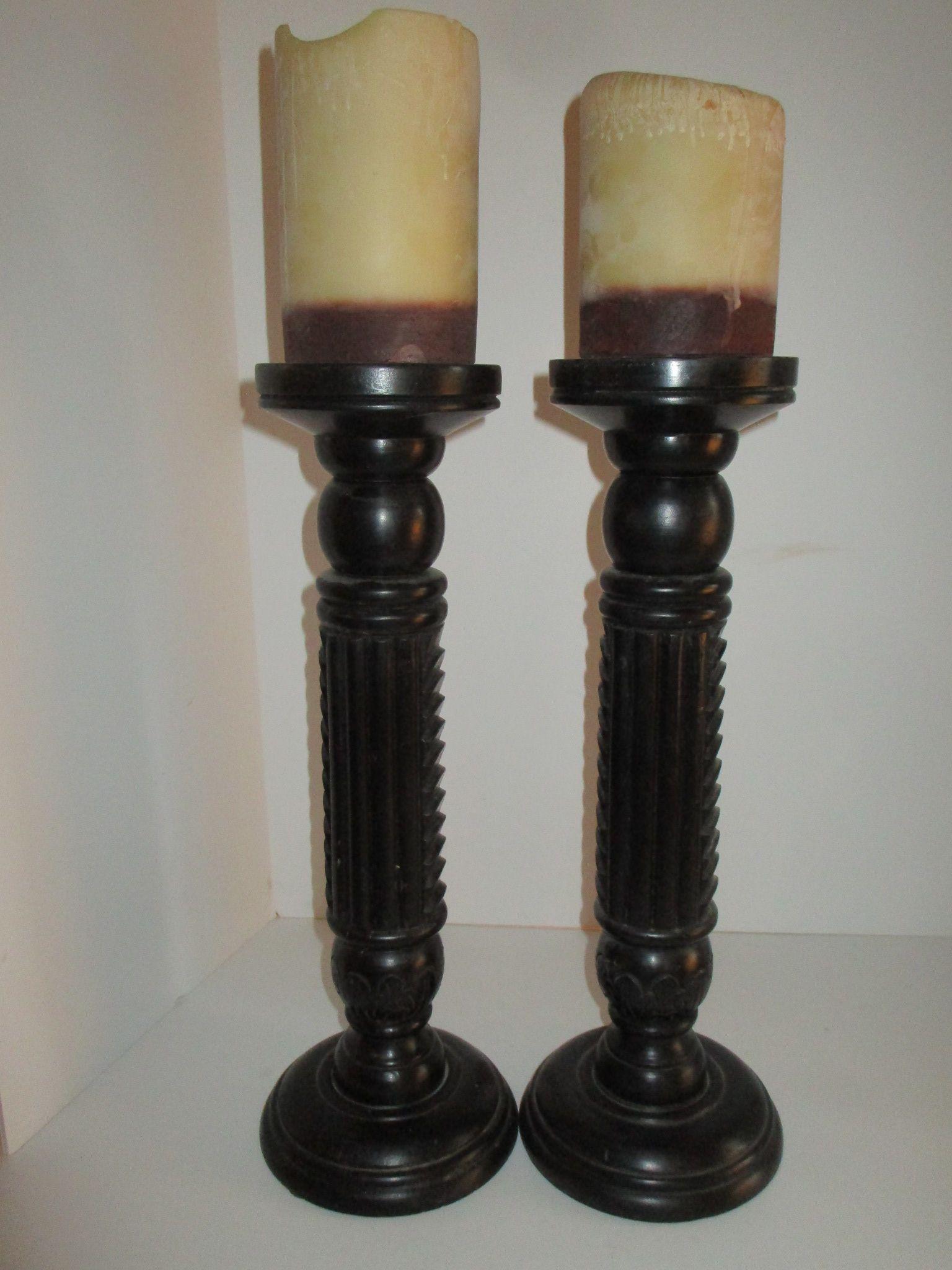 Pair 17" Nate Berkus Rosewood Candlesticks w/ Candles, Made in India