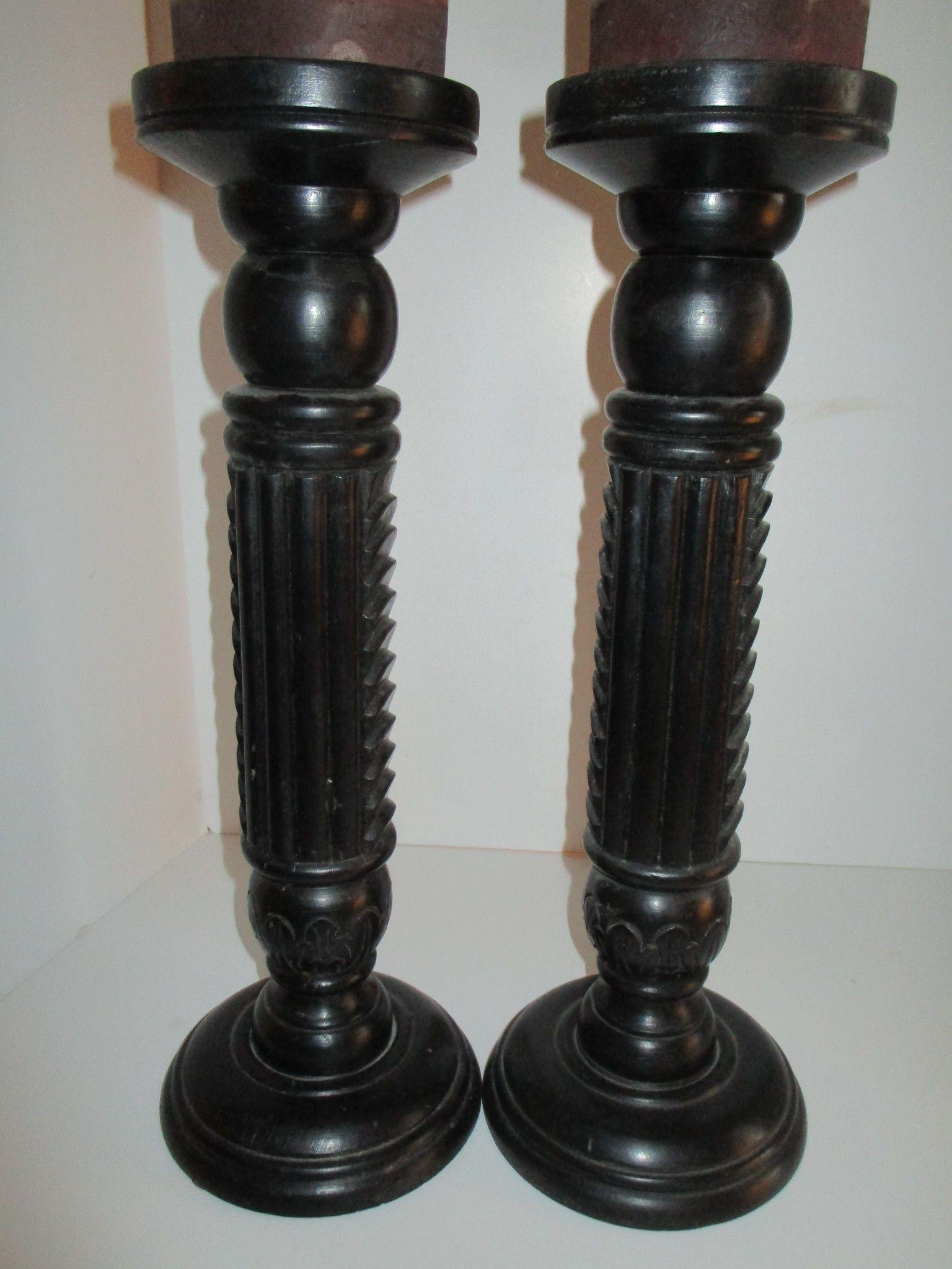 Pair 17" Nate Berkus Rosewood Candlesticks w/ Candles, Made in India