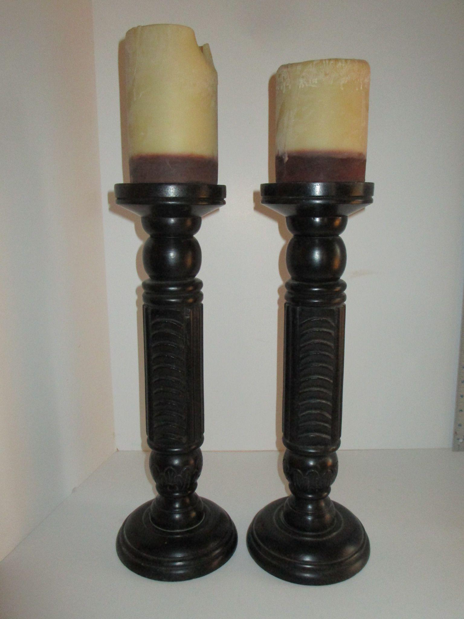 Pair 17" Nate Berkus Rosewood Candlesticks w/ Candles, Made in India