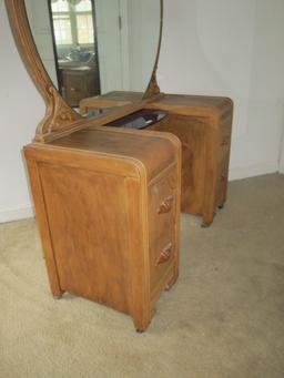 Blonde Mahogany Waterfall Vanity Dresser w/ Large Round Mirror & 4 Drawers