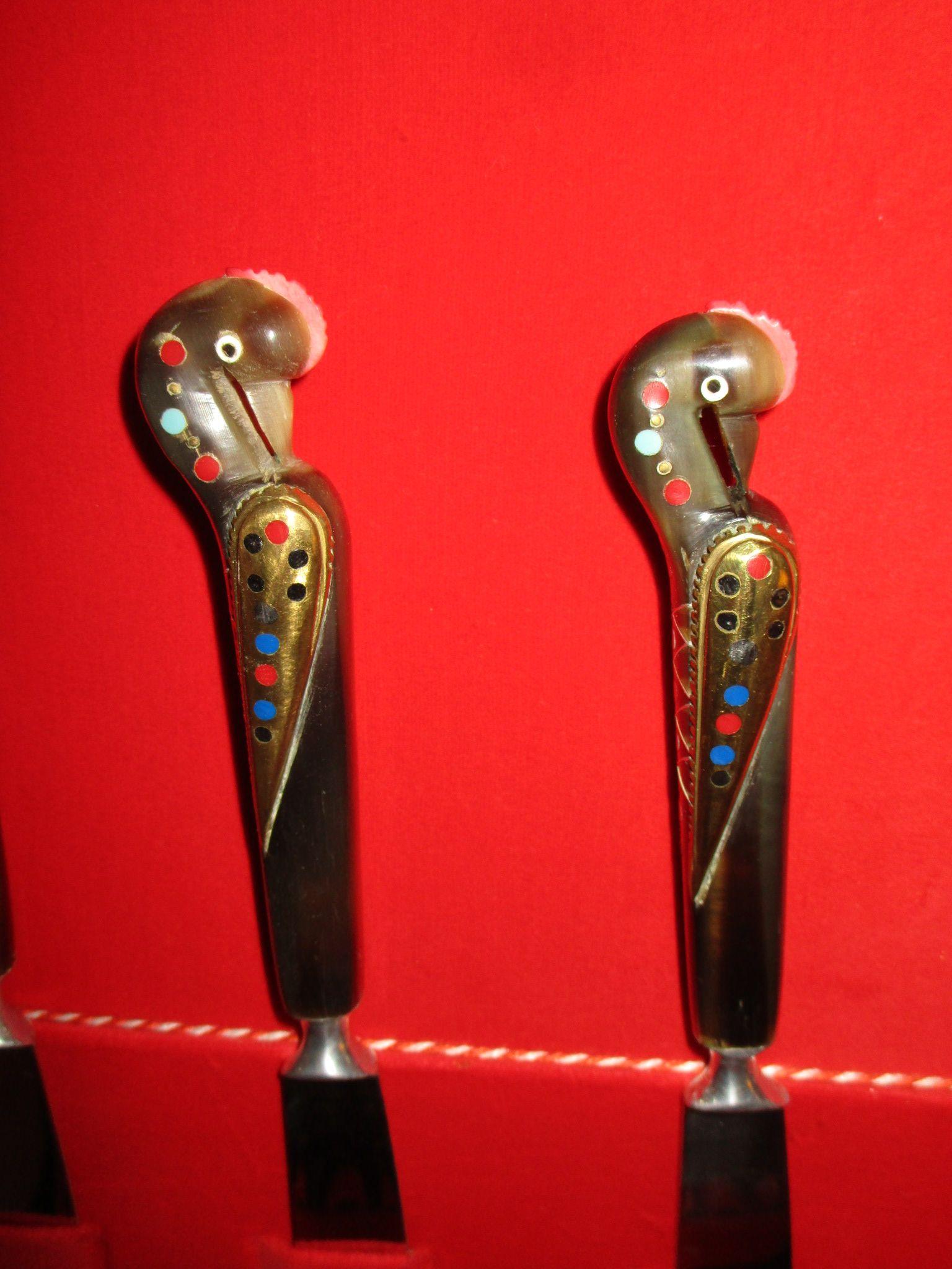 Unique 22 Piece Set Vintage Flatware - Brass w/ Carved & Enameled Stone Parrot Handles