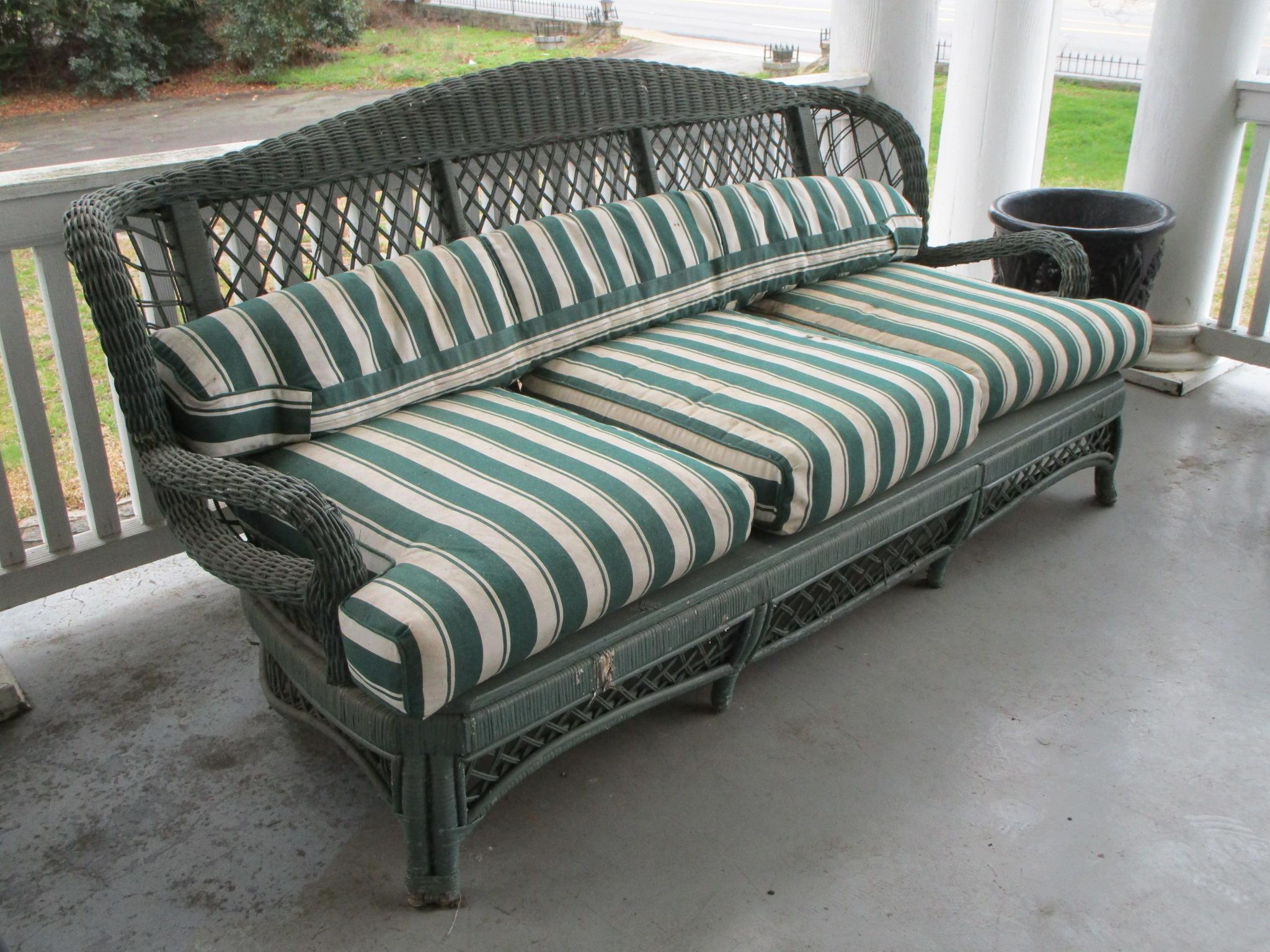 Green Painted Victorian Era Sofa w/ Striped Cushions  (cushions need cleaning)