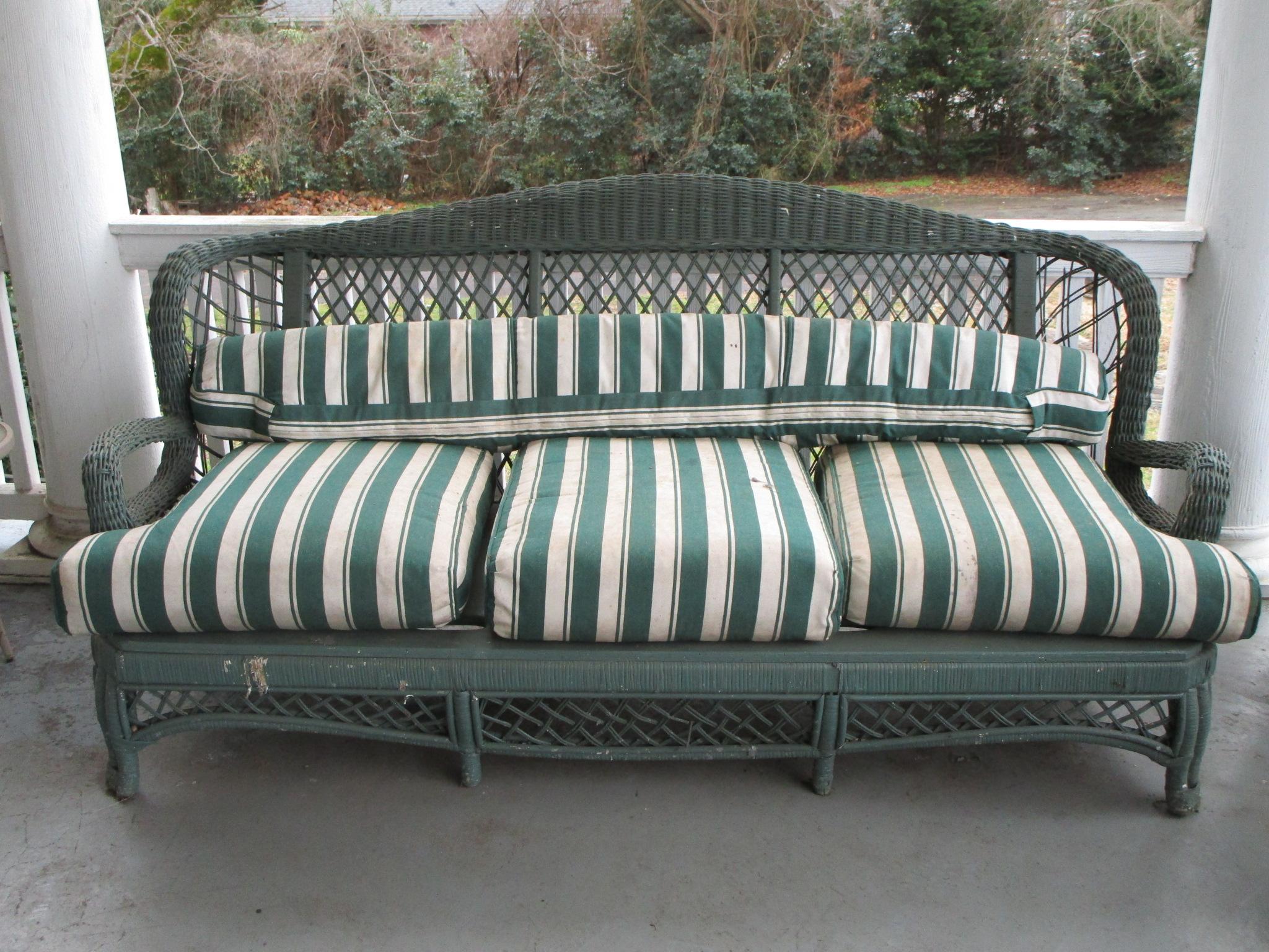 Green Painted Victorian Era Sofa w/ Striped Cushions  (cushions need cleaning)