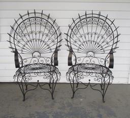 Pair Mid Century Wrought Iron Wire Peacock Chairs in style of Salterini