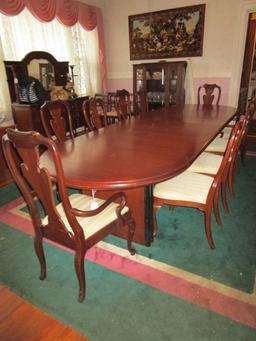 Impressive Bernhardt Banquet Table w/ Banded Inlay & Triple Square Pedestal & 10 Chairs