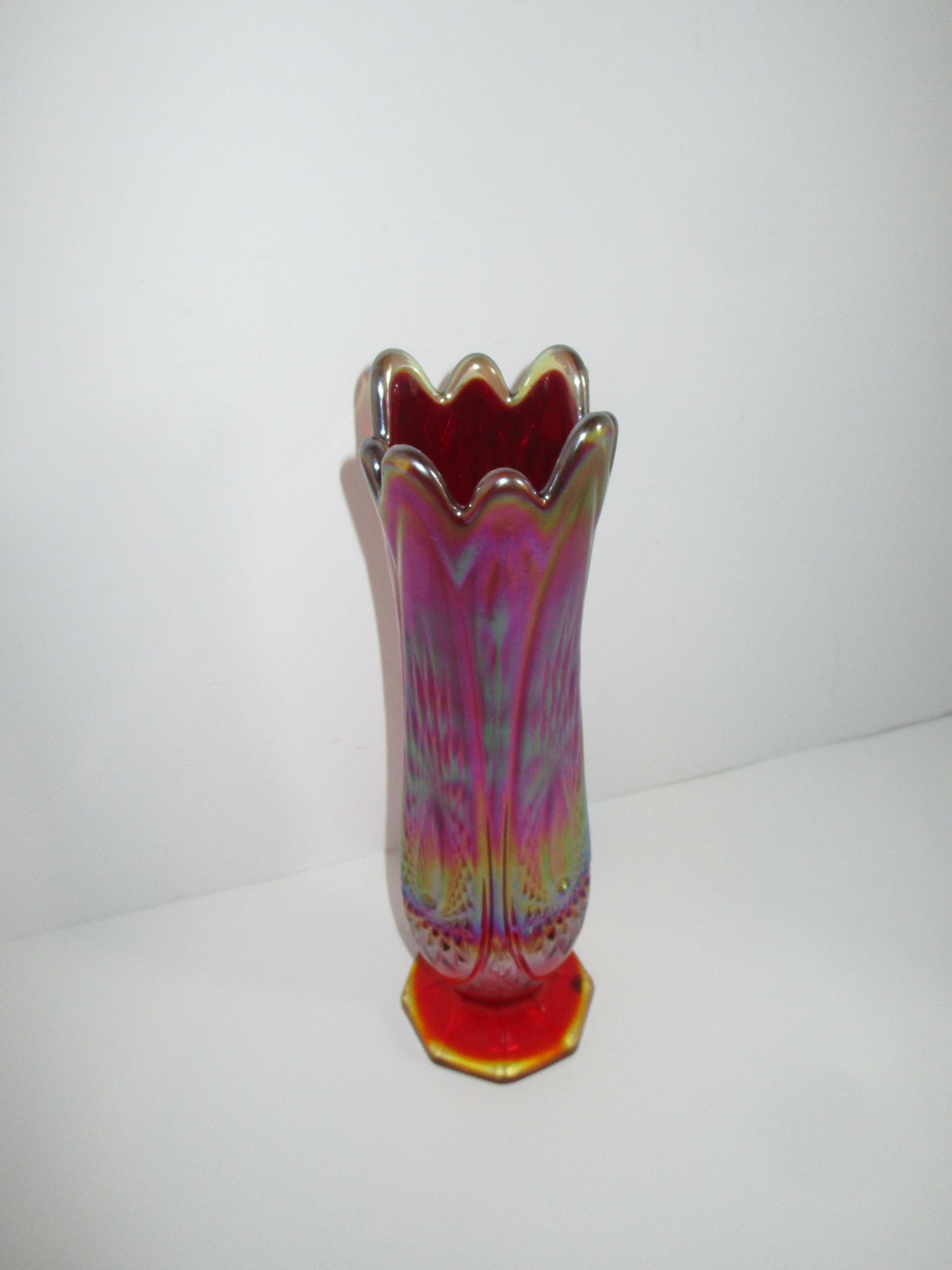 11" Tall Red Carnival Glass Vase