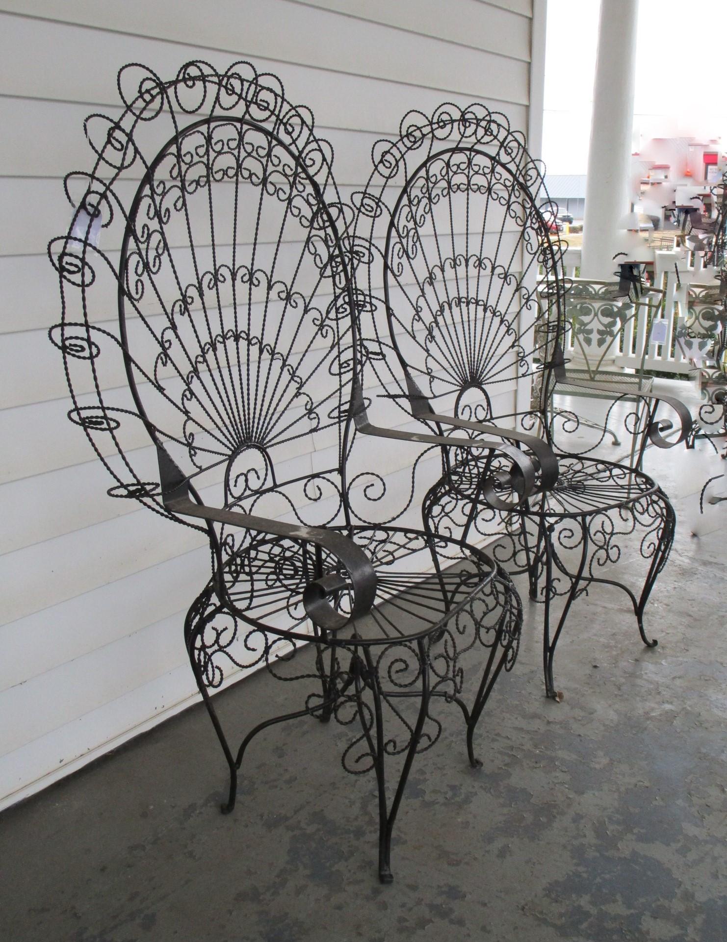 Pair Mid Century Wrought Iron Wire Peacock Chairs in style of Salterini