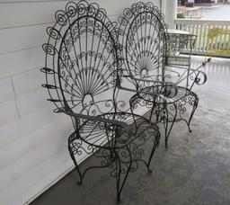 Pair Mid Century Wrought Iron Wire Peacock Chairs in style of Salterini