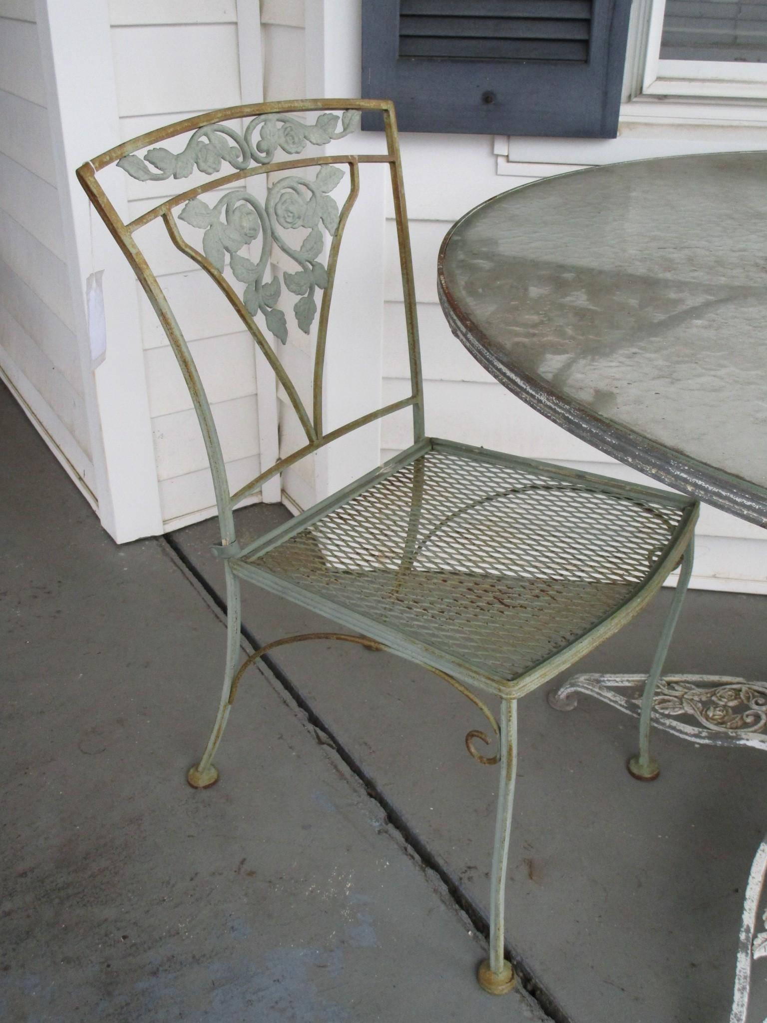 Ornate Wrought Iron Patio Table w/ Glass Top & 2 Matching Chairs