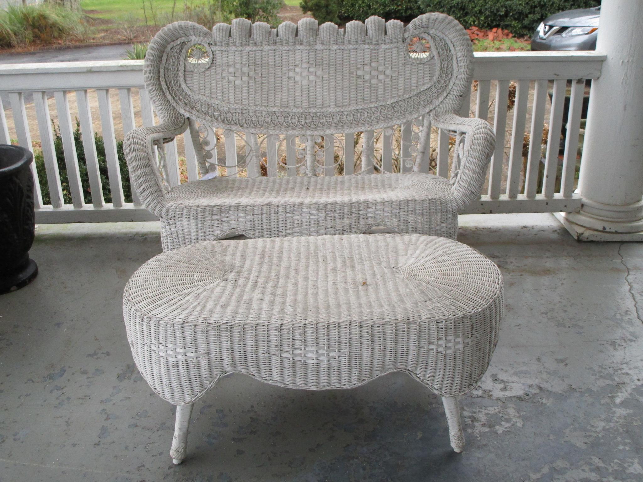 Ornate White Wicker Settee w/ Tea Table