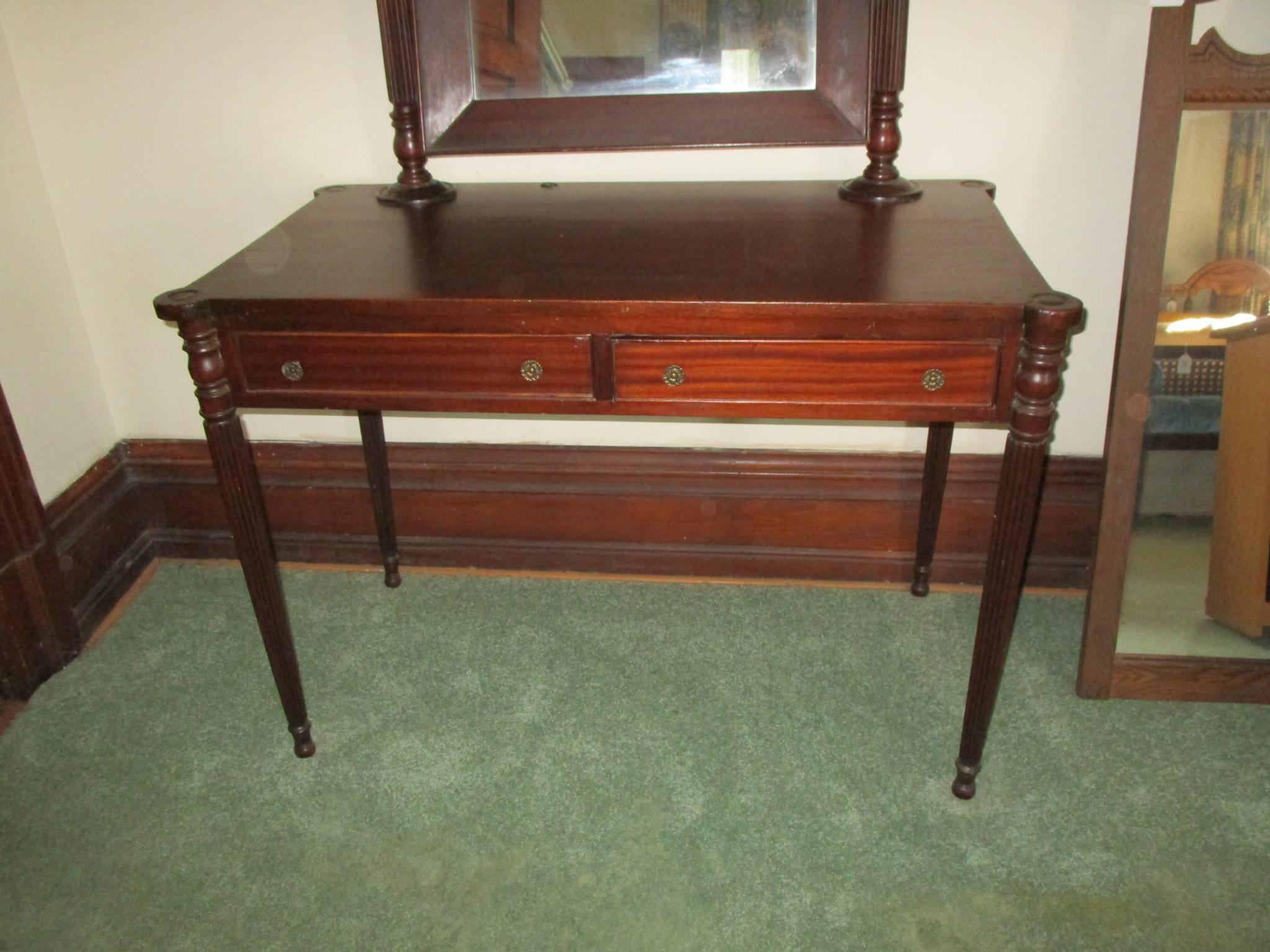 Walnut Vanity w/ 2 Drawers & Swinging Mirror w/ Sheraton Legs