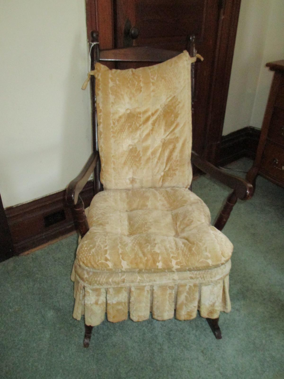 Walnut Rocker w/ Arms & Upholstered Cushions - cushions soiled