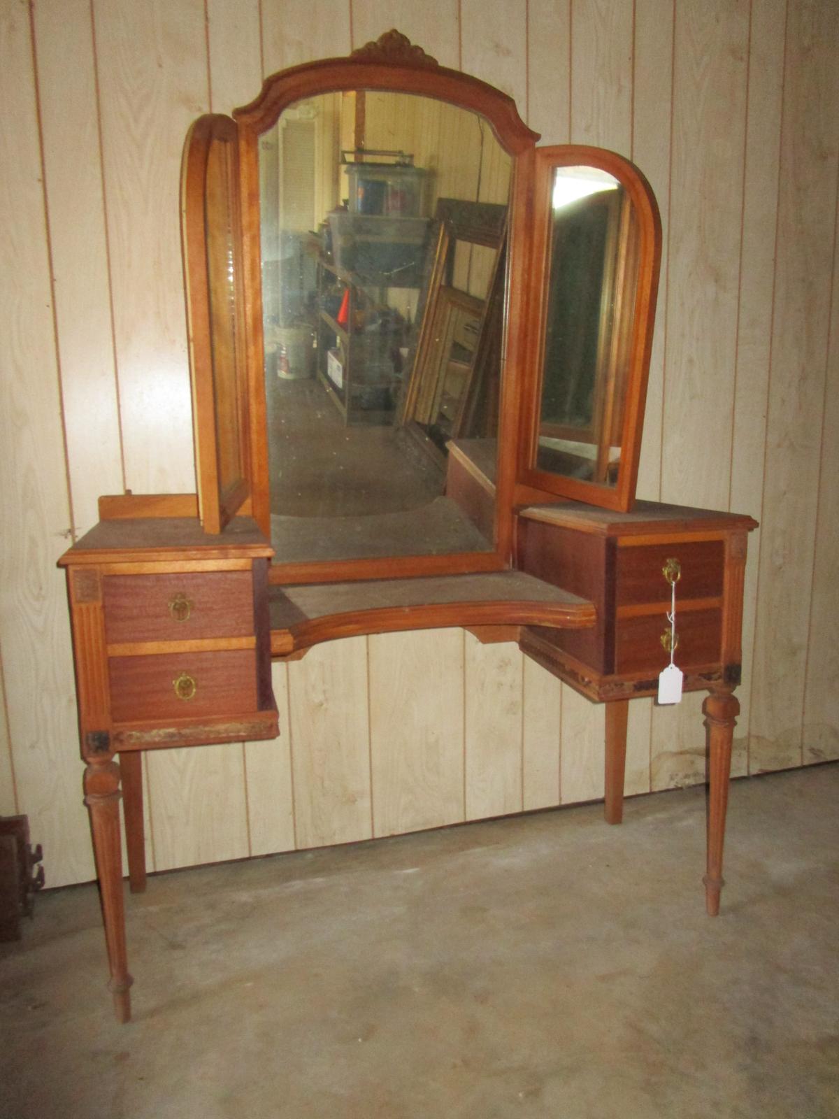 Depression Era Dresser w/ Trifold Mirror - Needs Repair but will be sweet piece w/ TLC