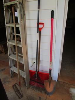 Lot - Ladder, Snow Shovel, Garden Rake