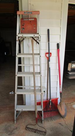 Lot - Ladder, Snow Shovel, Garden Rake