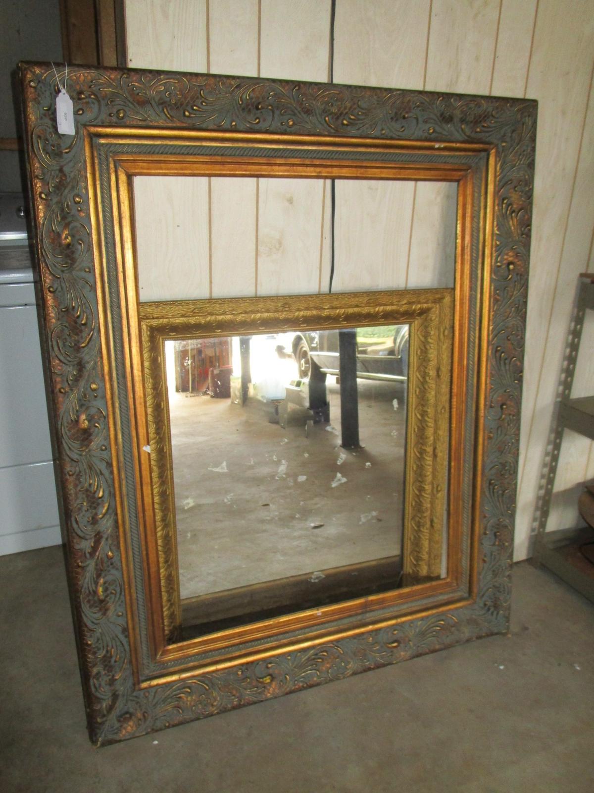 Large Ornate Wood Frame 43" X 53.5" & Mirror w/ Ornate 30.5" X 36" (mirror has crack)