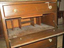 Mahogany Chest w/ Glass Knobs & Drop Front Desk - needs love - 31.5" w X 18" d X 46" t