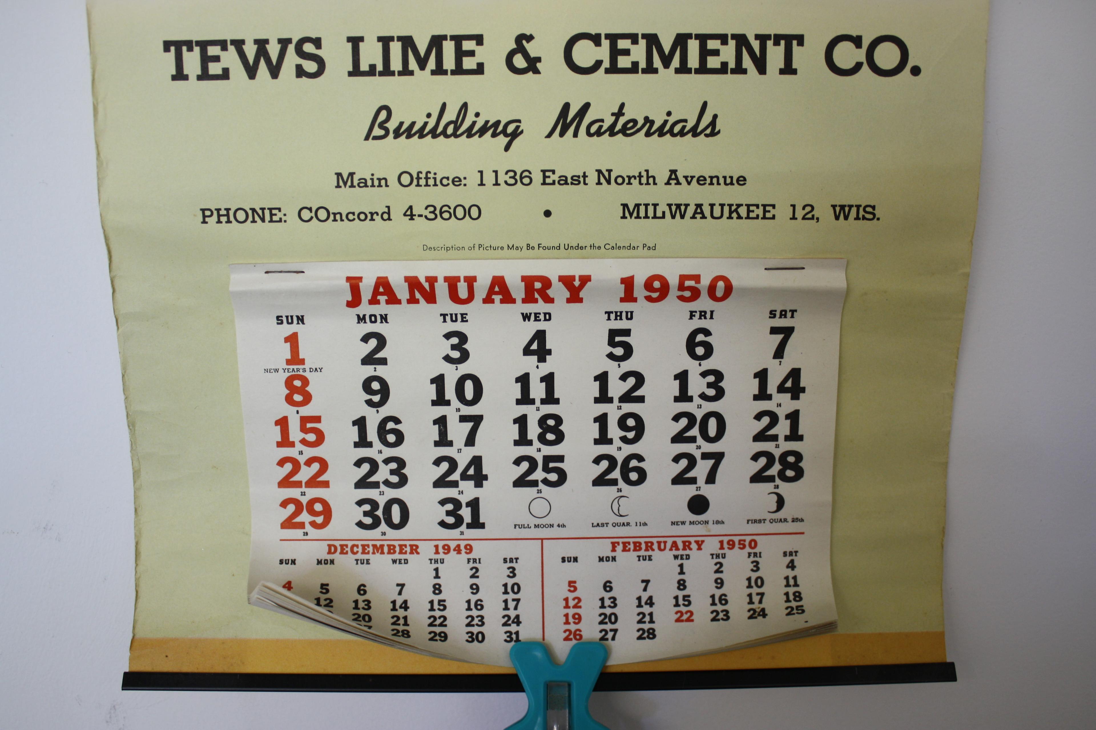 Zoe Mozert 1950 Calendar- Tews Lime & Cement Co.
