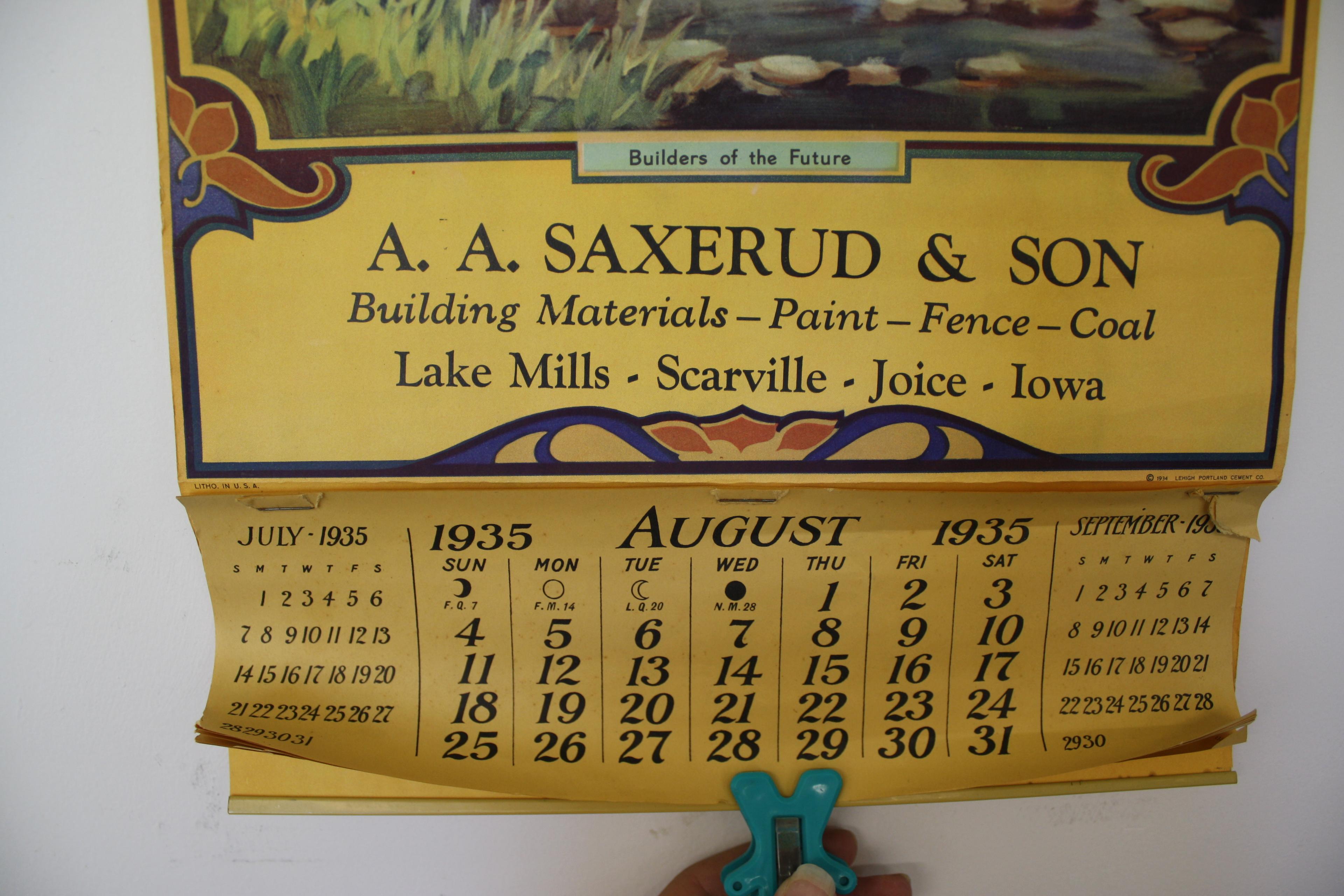 1935 Calendar- A. A. Saxerud & Son