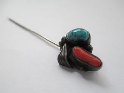 SK Signed Southwestern Turquoise & Coral Hat Pin