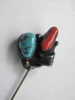 SK Signed Southwestern Turquoise & Coral Hat Pin