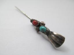 J Spencer Signed Southwestern Turquoise & Coral Hat Pin