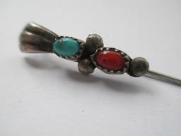 J Spencer Signed Southwestern Turquoise & Coral Hat Pin