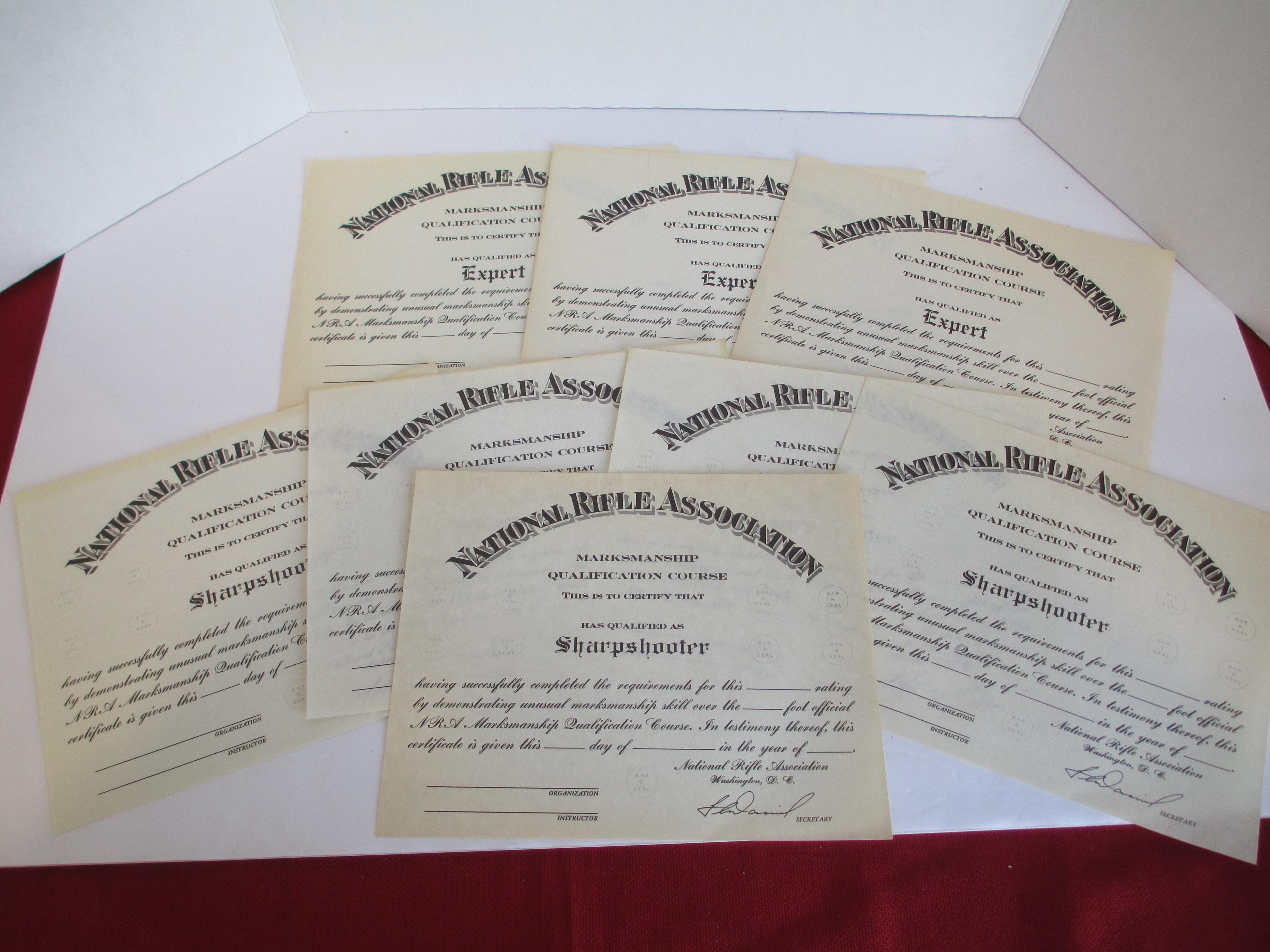 Lot of 18 NOS NRA Sharpshooter and Expert Certificate