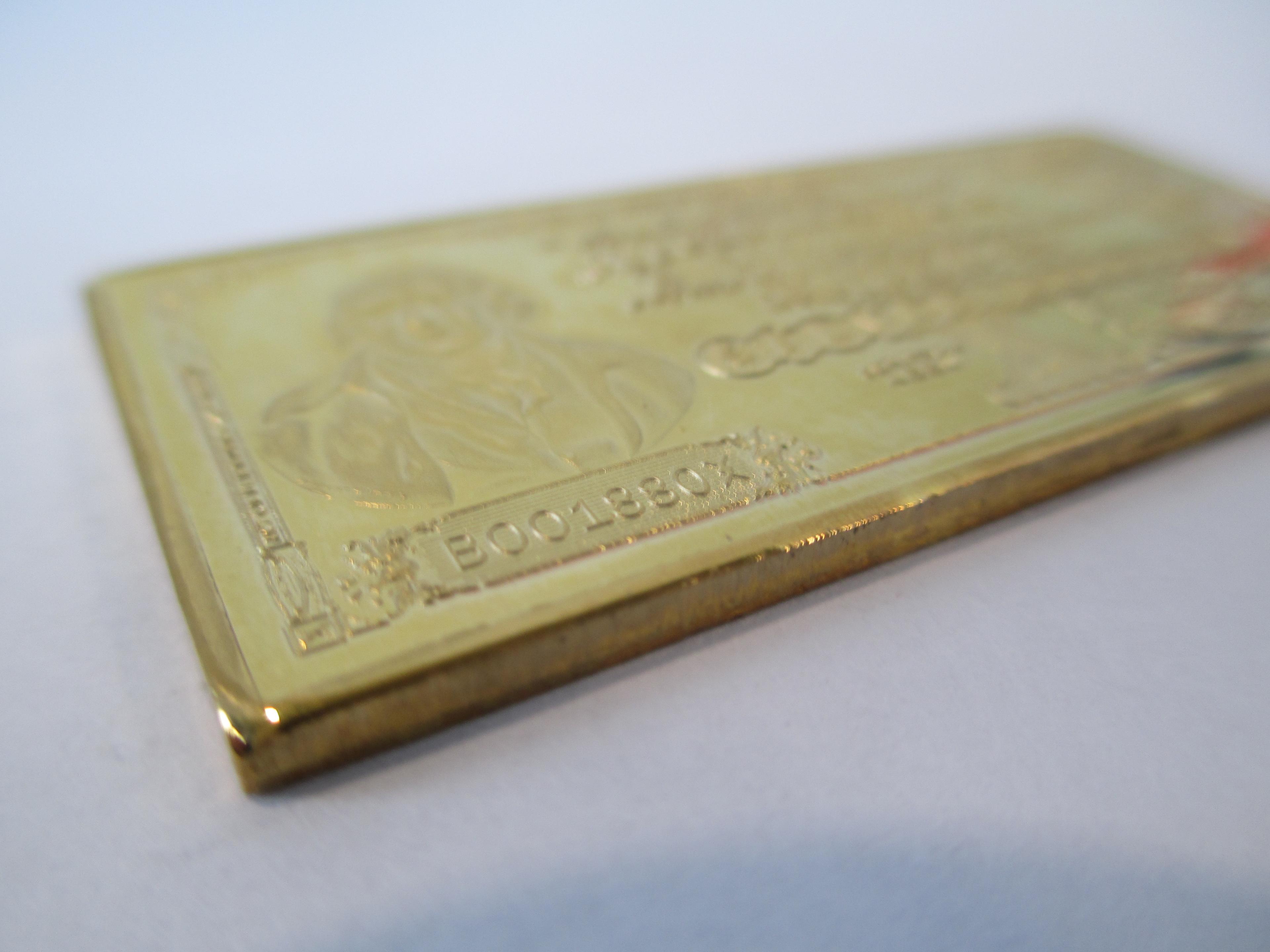 One Troy Ounce  Gold Plated Silver Certificate Bar