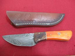 Hand Made Damascus Steel Knife w/ Sheath-9" Wood